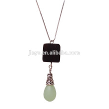 Handmade Natural Green Teardrop Stone Pendant Square Wood Boho Necklace